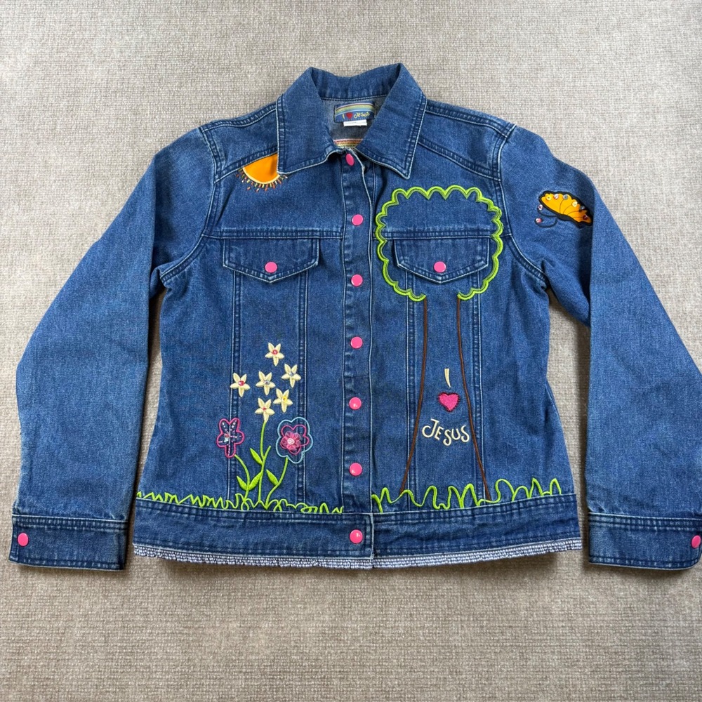 Vintage I Love Jesus Embroidered Denim Jacket Blue Pink Snaps‎ Butterfly Sun